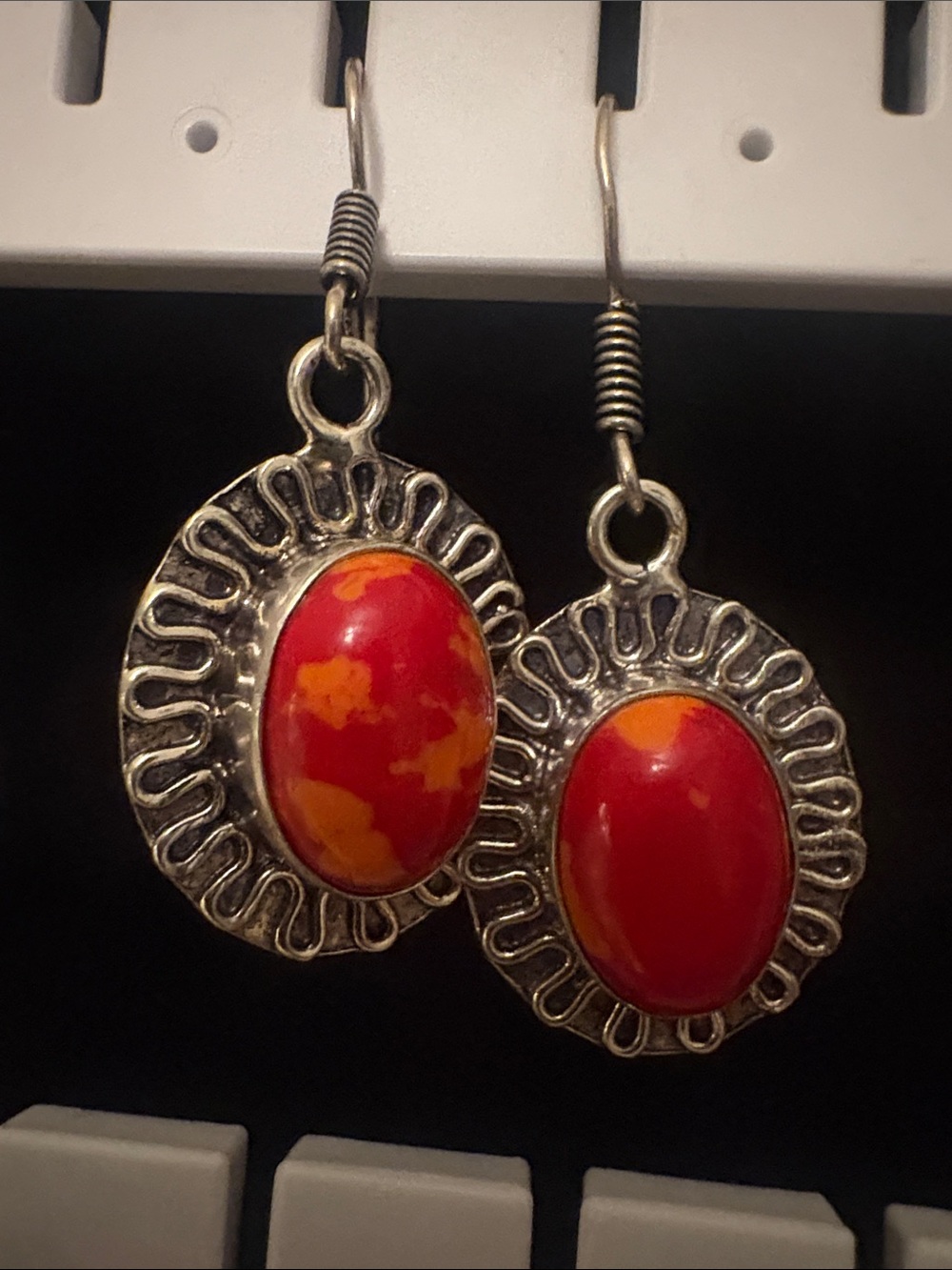 Sterling Silver Red and Orange Stone Dangle Earrings